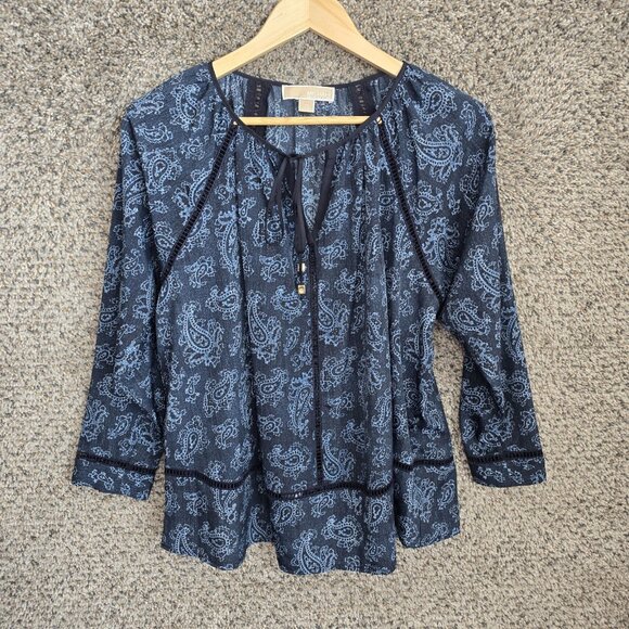 Michael Kors Top‎ Womens XS Blue Paisley Print Oversized Peasant Blouse Neck Tie - Picture 1 of 7
